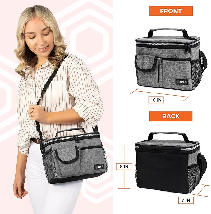 opux Insulated Lunch Box for Men Women Kids, Leakproof Reusable Lunch Bag Cooler for Work School Office, Soft Thermal Lunchbox Tote with Shoulder Strap for Boys Girls Adults, Heather Gray, 14 Can/8L