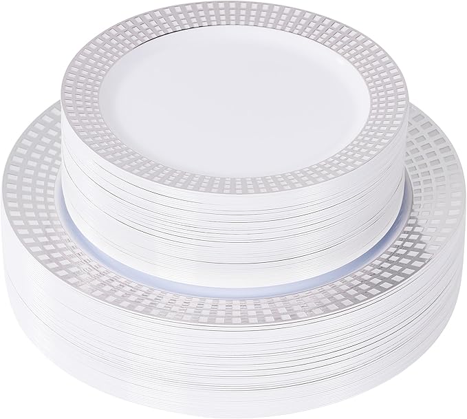 Fijinhom 100PCS Heavy Duty Silver Plastic Plates for 50 Guests, for Party, Wedding, Birthday, Dinnerware Set of 50PCS 10" Dinner Plates & 50PCS 7.5" (Silver)