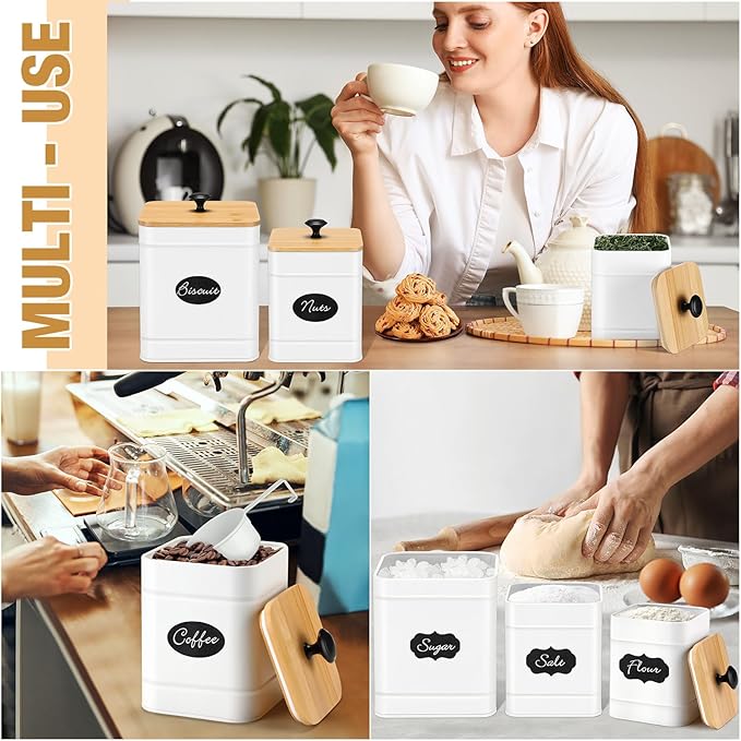 Tioncy Kitchen Canisters for Countertop Set of 3 Metal Canisters Sets with Bamboo Lids Spoon Airtight High Capacity Coffee Tea Sugar Flour Jars with DIY Labels Farmhouse Food Storage(White,XL,L,M)