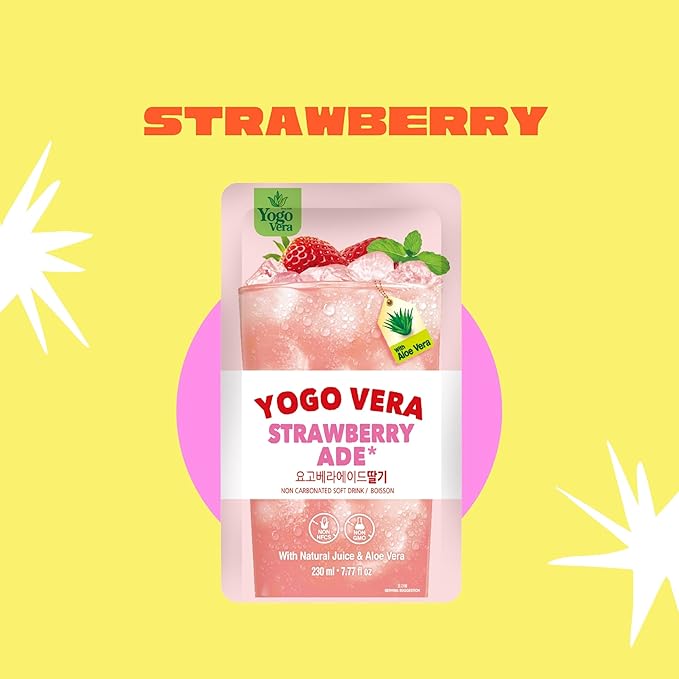 Yogo Vera Strawberry Ade Korean Drink Pouches – Authentic Korean Convenience Store Beverage with Sweet Strawberry Flavor, Refreshing Juice Pouch (10 Pack)