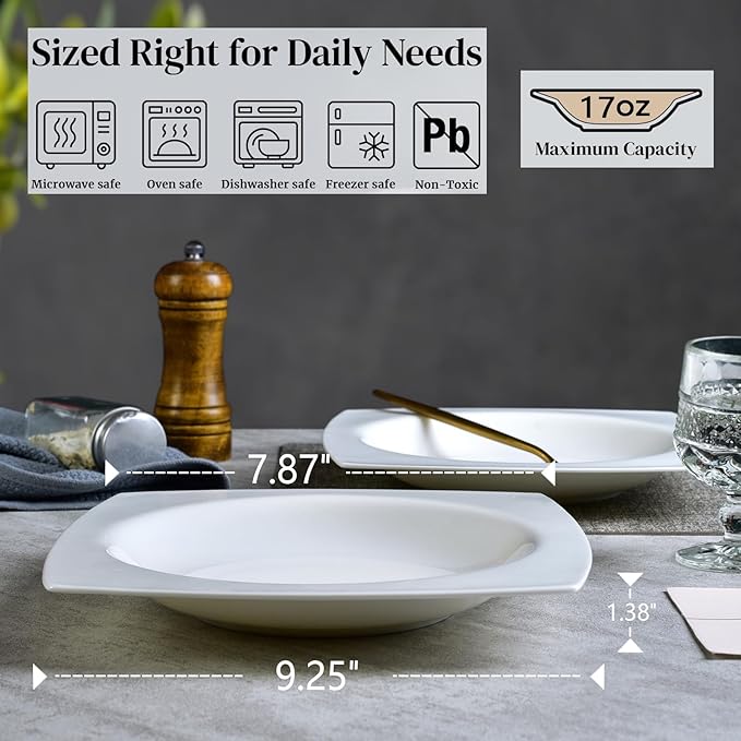 Fine Bone China Square Salad Plates Set of 6-9.25 Inch White Ceramic Stackable Dinner Plates, Oven & Dishwasher Safe for Formal/Casual Dining