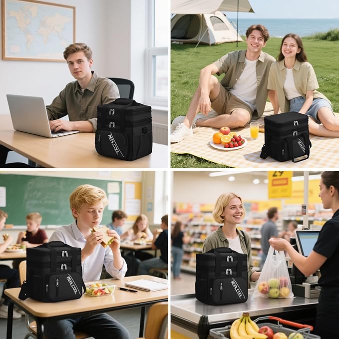 RealCool Lunch Bag, Insulated Lunch Box for Men Women, Double Deck Leakproof Soft Cooler Bag with Adjustable Strap, Reusable Lunchbox for Work, Travel, Camping (Black)