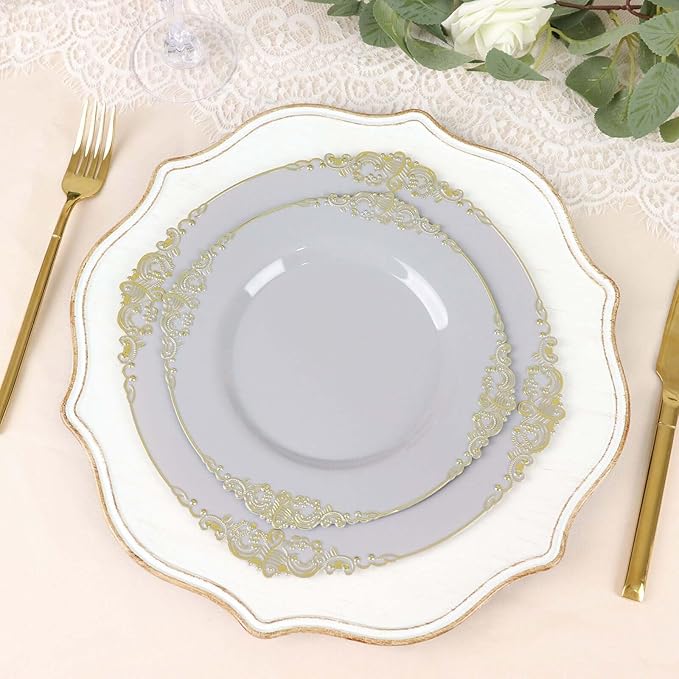 Efavormart 10 Pack | 8" Gray and Gold Baroque Dessert Plates, Leaf Embossed Metallic Rim Heavy Duty Appetizer Plates for Modern Loft Weddings