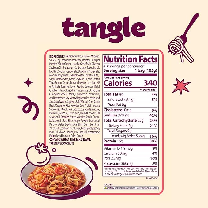 Samyang Tangle Chunky Tomato Linguine Savory Garlic and Onion Flavor Italian Inspired Sauce Air Dried Noodle Easy Cook Pasta 3.63 oz (Pack of 4)