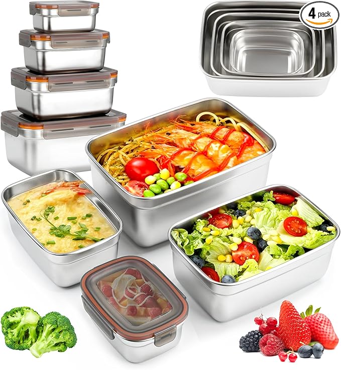 4 Pack Food Storage Containers with Lids, Stainless Steel Fridge Storage Containers Airtight Leak-Proof Metal Storage Containers for Food Leftover Storage at Home or for Camping Trip Road Trip
