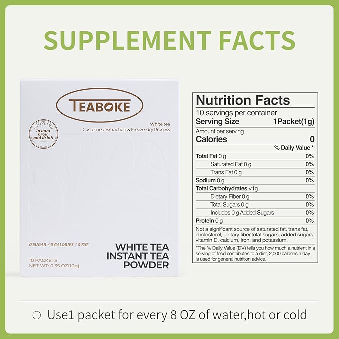 Instant White Tea Powder,Unsweetened White Tea Powder for Quick Hot & Cold Beverages,Classic - 100% Tea Leaves, No Additives,Caffeinated (10 Single Serve Packets)