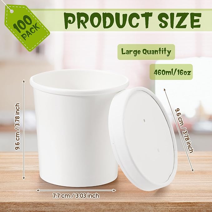 Fulmoon 100 Pack Paper Soup Containers with Lids Disposable Paper Food Containers with Vented Lid Kraft Ice Cream Cake Dessert Cups Soup Bowl for Party Hot Food Fruit Microwave(16 oz,White)