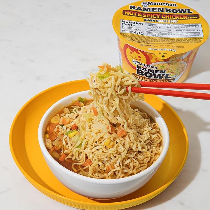 Maruchan Ramen Bowl, Hot & Spicy Chicken Flavor – Japanese-Style Instant Noodle Soup, Microwaveable Easy Meal for Busy Families – 3.39 Oz. (6 Pack)