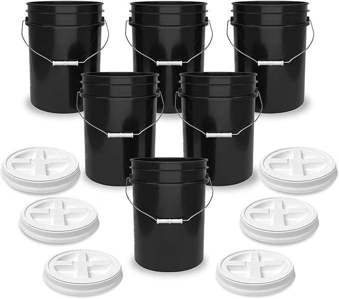 ePackageSupply 5 Gallon Bucket - Food Grade Bucket with Airtight Gamma Seal Screw-On Lid, BPA-Free, Heavy-Duty 90 Mil HDPE Plastic, Bulk Storage, Durable Container, Made in USA, Black/White, 6 Packs