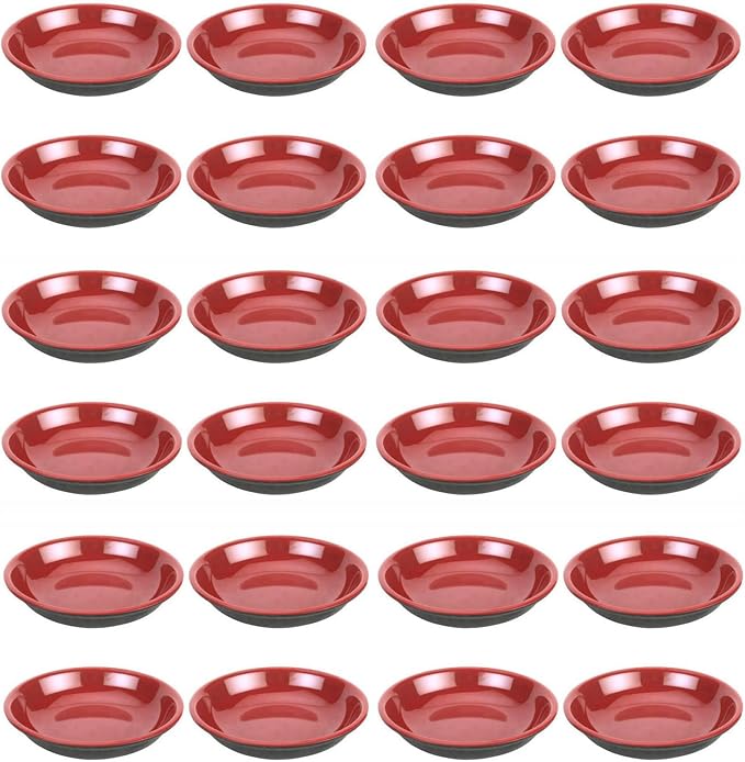 JapanBargain, 24x Plastic Melamine Soy Sauce Dishes Dipping Bowls Snack Side Dish Bowl Seasoning Dishes, 3.75 inch, Black and Red