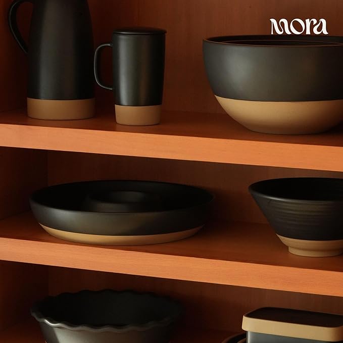 MORA Ceramic Chips and Dip Serving Tray: Large Divided Party Bowl Set for Chips & Salsa, Veggies & Dip, Fruit, Snacks, Entertaining, Hosting, etc. Minimalist Design for the Modern Hostess - Liquorice