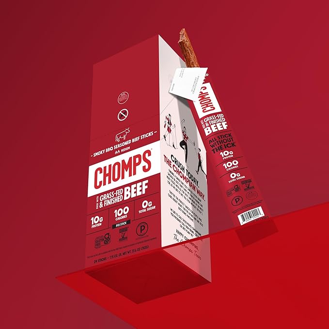 Chomps Grass-Fed and Finished Smoky BBQ Beef Jerky Snack Sticks 10-Pack - Keto, Paleo, Whole30, 10g Lean Meat Protein, Gluten-Free, Zero Sugar Food, Non-GMO