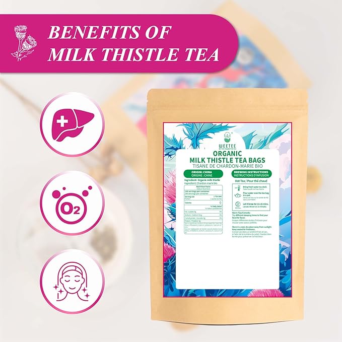 WT WEETEE Organic Milk Thistle Tea Bags, 100% Pure & Natural Roasted Milk Thistle Seeds, Caffeine-free Herbal Tea Detox Tea 2g x 100 Counts