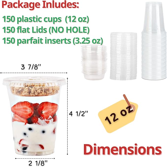 Aatriet [150 SETS 12 oz Clear Plastic Parfait Cups with Insert 3.25oz & Flat Lids No Hole, Yogurt Fruit Parfait Cups for Kids, for Dips and Veggies, Take Away Breakfast and Snacks. No Leaking