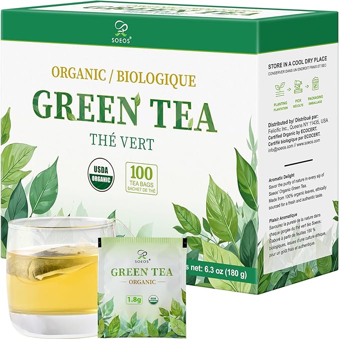 Soeos Organic Green Tea, 100 Tea Bags (Pack of 1), Caffeinated, Fresh and Healthy Green Tea, 6.3 Ounce