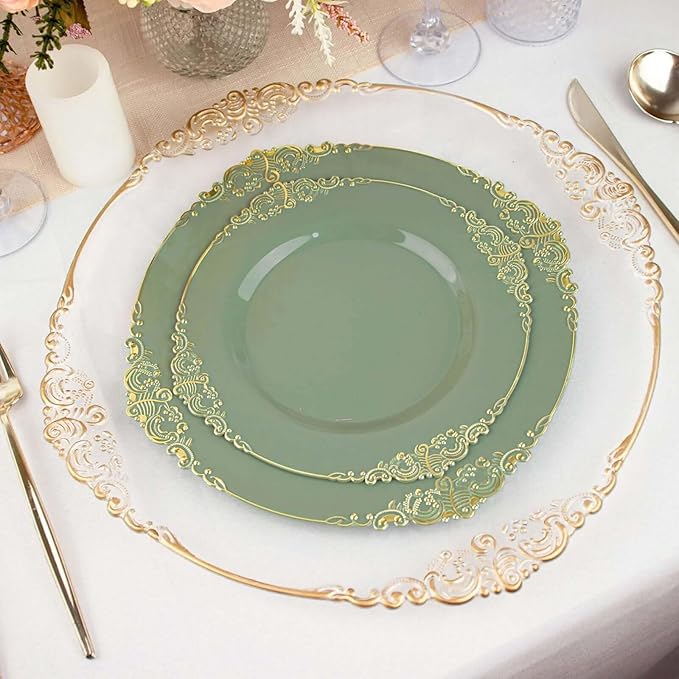 Efavormart 10 Pack | 10" Dusty Sage and Gold Baroque Dinner Plates, Leaf Embossed Metallic Rim Heavy Duty Serving Plates for Greenhouse Events
