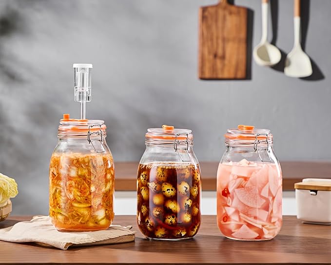 1.8 Liters(0.48 gallons) Fermentation Jar, Wide Mouth Glass Fermenting Jar with Airlocks for Making Sauerkraut, Kimchi, Pickles, Mead, Cider & More, Pack of 2