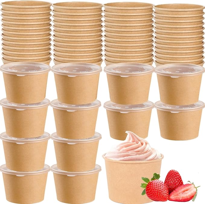 100 Pack Paper Food Containers with Lids, 8 Oz Cardboard Ice Cream Portion Cups, Reusable To Go Hot Soup Bowls for Christmas Thanksgiving Gathering, Brown