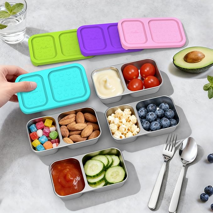 SOPHICO Stainless Steel 2 compartments Containers, Reusable Snack Containers with Silicone Lids Lunch Box for Meal Prep Food Storage On-the-Go Snacking(4 pack)