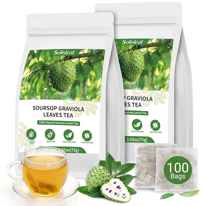 Soursop Leaves Tea Bags, Premium Soursop Graviola Leaves Herbal Tea, Pure & Natural Soursop Leaves for Digestion, Support Healthy Skin & Sleep, No Additives, Caffeine Free (100 Bags/2 Pack)