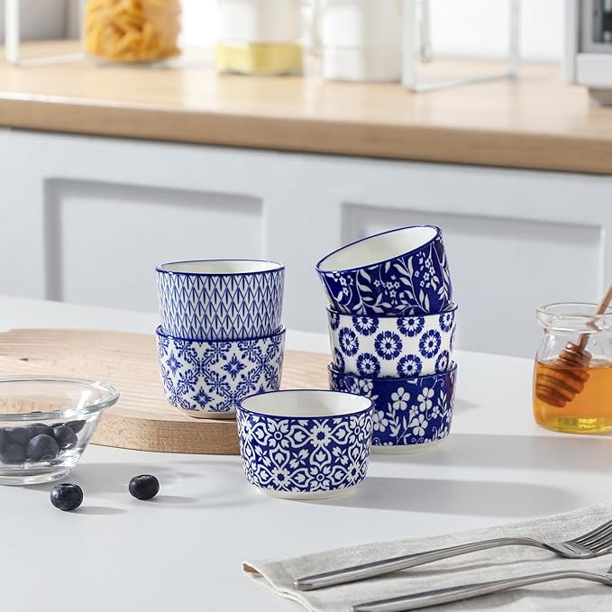 vancasso Selene 4 oz Mini Ceramic Ramekins Set of 6, Oven-Safe Baking Cups for Crème Brûlée, Soufflés, Desserts, Handcrafted Blue and White Patterns