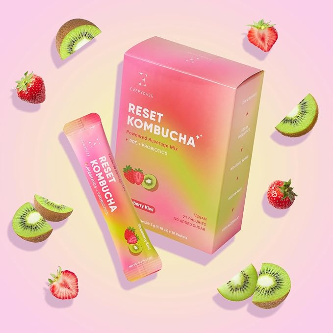 Everydaze Reset Kombucha Tea Powdered Beverage Mix | 10 Sticks | Prebiotics + Probiotics | Vegan | No Added Sugar, Gluten Free, Sparkling Powder Drink Pack (Strawberry Kiwi) (Pack of 2)