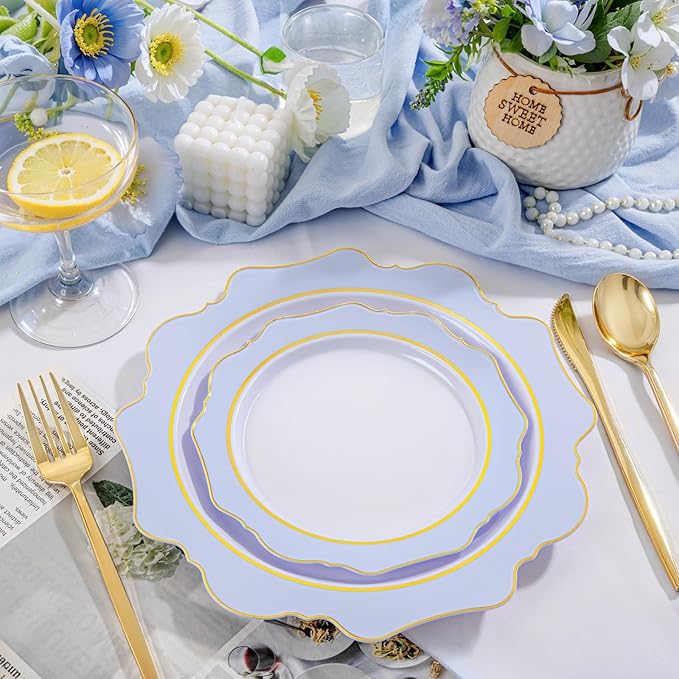 WDF 100PCS Blue Plastic Plates - Light Blue Plates Disposable - Heavy Duty Scalloped Plastic Plate for Parties/Wedding/Baby Shower (Pack of 2)