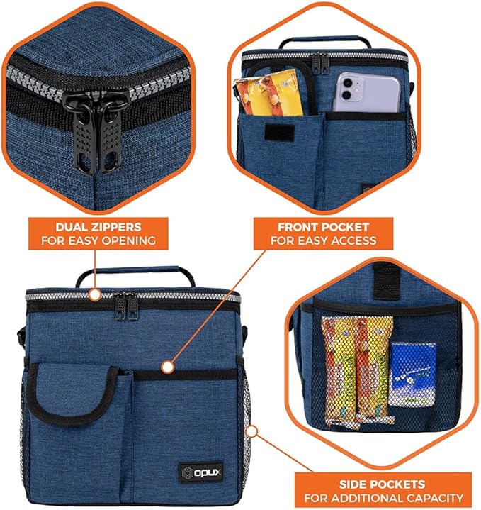 opux Insulated Lunch Box for Men Women Kids, Leakproof Reusable Lunch Bag Cooler for Work School Office, Soft Thermal Lunchbox Tote Shoulder Strap for Boys Girls Adults, Heather Navy, 18 Can/10L