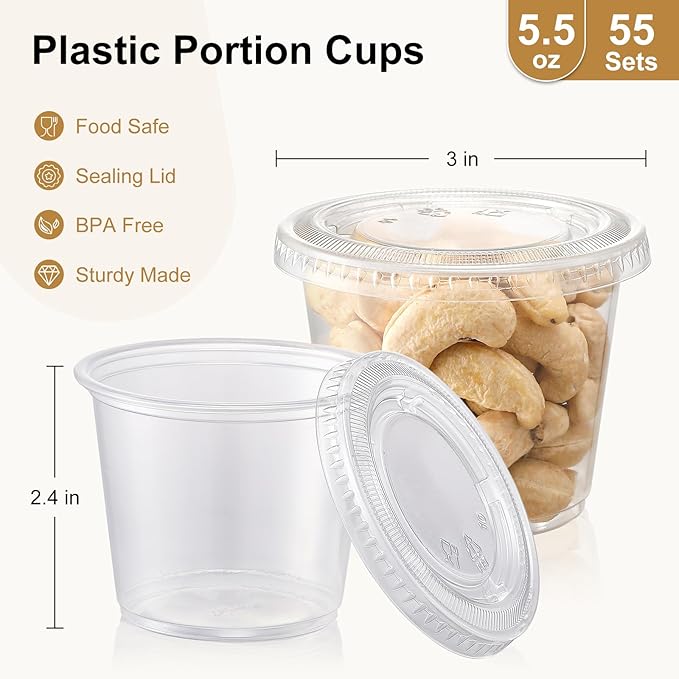 AOZITA [55 Sets - 5.5 oz Portion Cups With Lids, Jello Shot Cups, Small Plastic Containers, Airtight and Stackable Souffle Cups