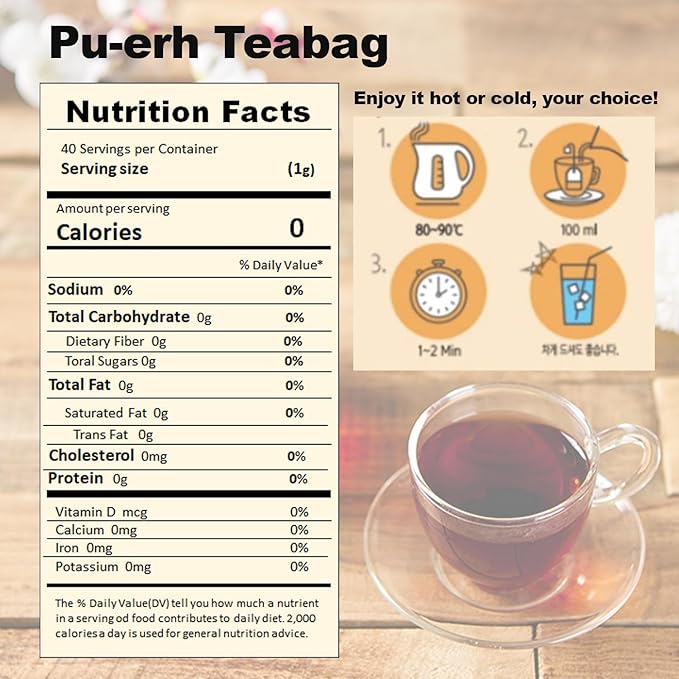 SONGWON 100% Pu-erh Tea – Deep & Fragrant Flavor, Smooth Taste, 0.6g x 40 Tea Bag (0.85oz / 24g)