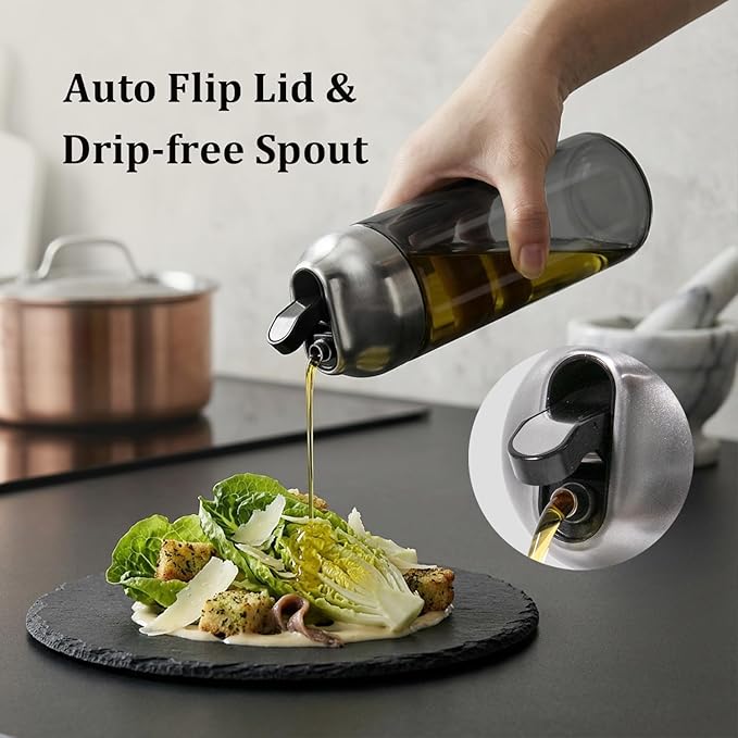 Aelga Olive Oil Dispenser Bottle for Kitchen, 14oz Dark Glass Vinegar Dispenser, Auto Flip Lid, UV-Protected Oil Cruet with Drip-Free Pour Spout