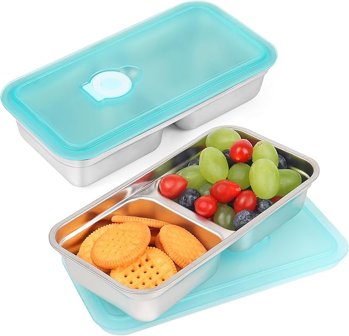 Stainless Steel Snack Containers, 2 Pack Grab and Go Snack Containers Reusable, Double Compartment Food Storage Containers with Lids, Lunch Box Containers for Travel, Outdoor Camping and Daily Use