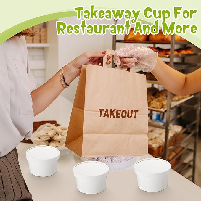 Fulmoon 100 Pack Paper Soup Containers with Lids Disposable Paper Food Containers with Vented Lid Kraft Ice Cream Cake Dessert Cups Soup Bowl for Party Hot Food Fruit Microwave(6 oz,White)