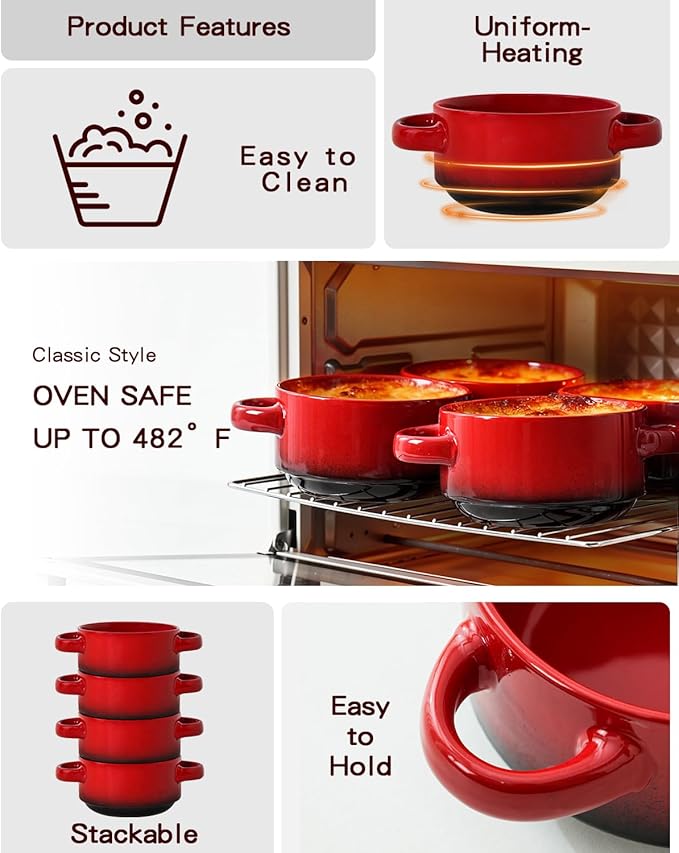 French Onion Soup Bowls with Handles, Oven & Microwave Safe, Set of 4 28 Oz Porcelain Soup Bowls for Chili, Stew, Pasta, Pot Pies – Stackable, Dishwasher Safe, Durable Ceramic Dinnerware