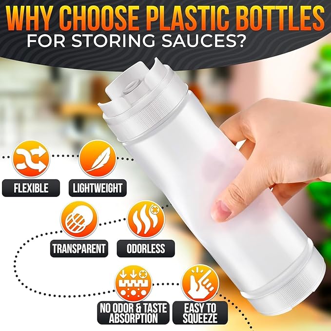 Set of 6 Condiment Squeeze Bottles for Sauces 16 oz – Easy-to-Fill Clear Bottles with Self-Closing Valve | Ready-to-Dispense for Dressings, Ketchup, Mustard & More, Durable, Reusable, Mess-Free Design