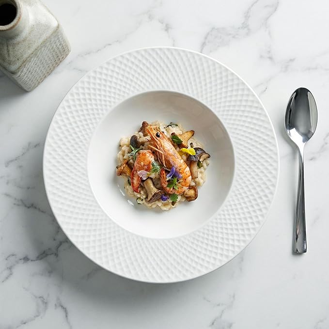Ceramics Rimmed Soup Bowls 20.3 oz, White 11.1 inch Exquisite small soup plate Set of 4, Pasta plates With Rim is the best choice for hotels, kitchens, fine restaurants and gourmets