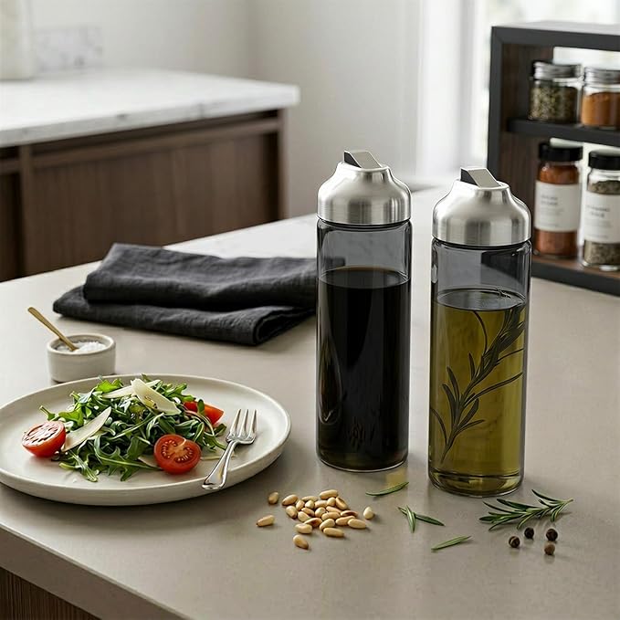 Aelga Olive Oil Dispenser Bottle for Kitchen, 2-Pack 14oz Dark Glass Oil and Vinegar Dispenser Set, Auto Flip Lid, UV-Protected Cooking Oil Cruet with Drip-Free Pour Spout
