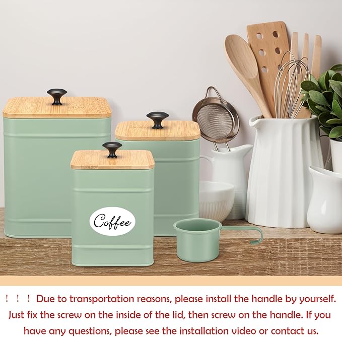 Tioncy Kitchen Canisters for Countertop Set of 3 Metal Canisters Sets with Bamboo Lids Spoon Airtight High Capacity Coffee Tea Sugar Flour Jars with DIY Labels Farmhouse Food Storage (Green,Xl,L,M)
