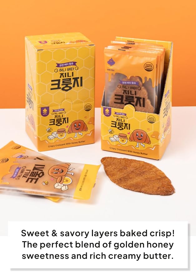 Korean Food Flat Croissant Snack – Honey Butter Flavor | 10 Individually Wrapped Packs per Box, Crispy Layered Pastry Chips, Shelf-Stable Korean Snack, Pack of 10