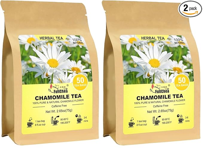 FullChea - Chamomile Tea bags, 50 Teabags, 1.5g/bag - Pure & Natural Chamomile Flower Herbal Tea for Relaxation - Non-GMO - Caffeine-free - Support Digestion & Boost Immune System (Pack of 2)
