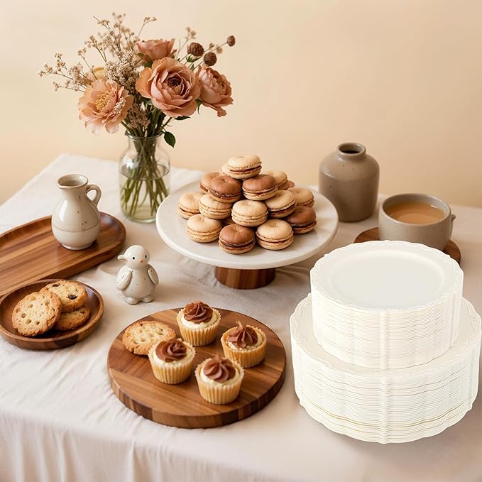 U-QE 100 Pieces Ivory Plastic Plates for Party - Ivory Disposable Plastic Plates - Heavy Duty Disposable Platos Including 50 Dinner 10 '' & 50 Dessert 7.5 '' for Weddings
