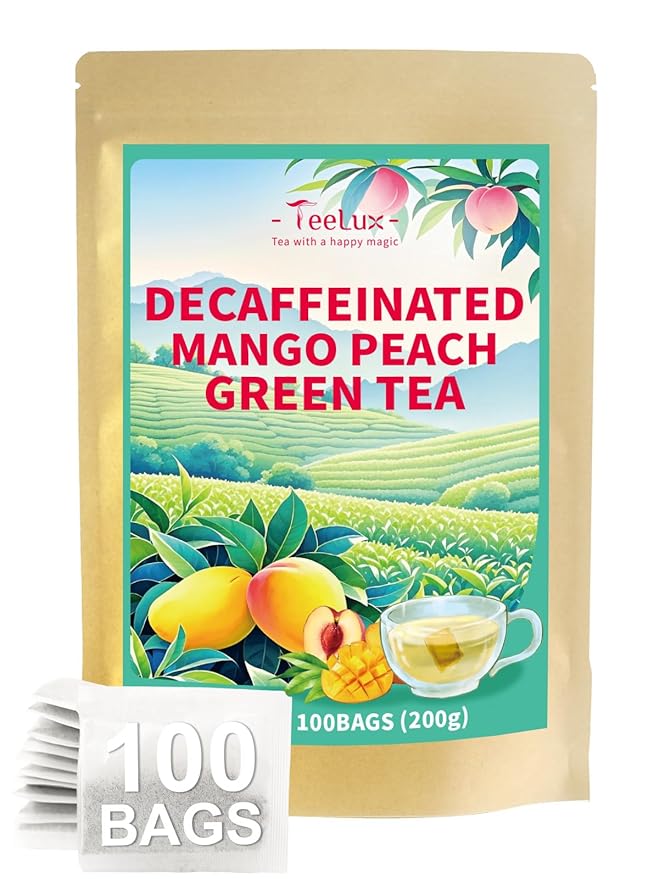TeeLux Decaf Mango Peach Green Tea, Mango & Peach Flavored Decaffeinated Green Tea, Fruit Aroma & Smooth Taste, 100 Count