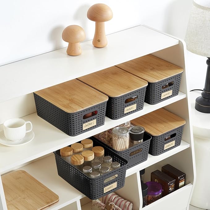 Bagnizer Small Plastic Storage Bins with Bamboo Lids 5.2qt Stackable Box Basket Pantry Decorative Containers Cute with Label for Organizing Desktop Closet Office Gray of 6 packs 10 * 7.2 * 4.1"