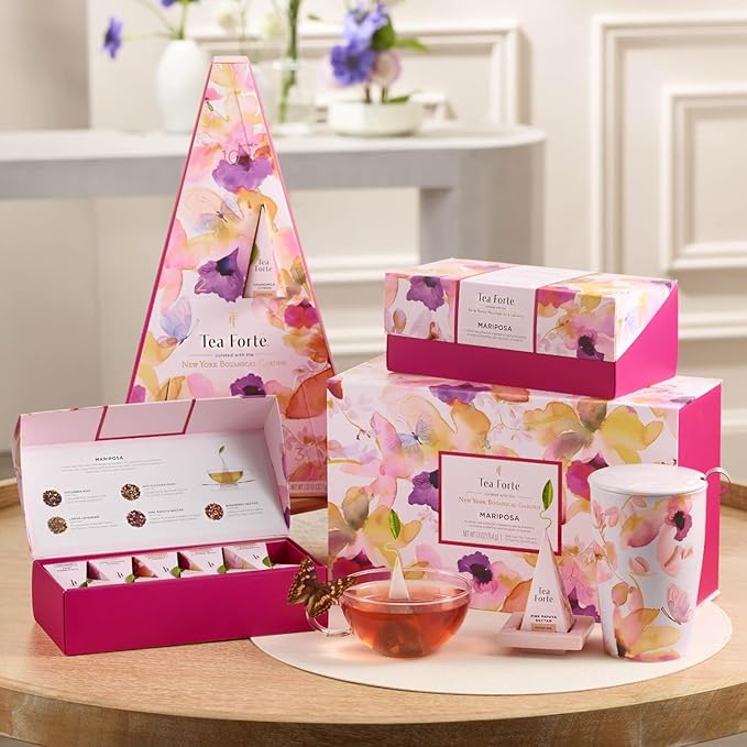 Tea Forte Premium Presentation Box Gift Set Sampler, 20 Count, Assorted Blends Individually Wrapped Handcrafted Pyramid Infuser Bags, Gifts for Mom, Mariposa Tea