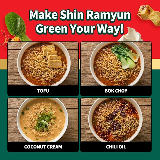 Nongshim Shin Ramyun Green Noodles, Vegan Spicy Korean Instant Ramyun, Mushroom & Fried Tofu Flavor, Bold Veggie Flavored Broth, Quick & Easy, Pantry Essential, Microwaveable, 4.4 oz (Pack of 4)