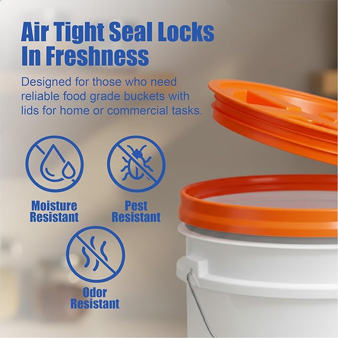 ePackageSupply 5 Gallon Bucket - Food Grade Bucket with Airtight Gamma Seal Screw-On Lid, BPA-Free, Heavy-Duty 90 Mil HDPE Plastic, Bulk Storage, Durable Container, Made in USA, White/Orange, 3 Packs