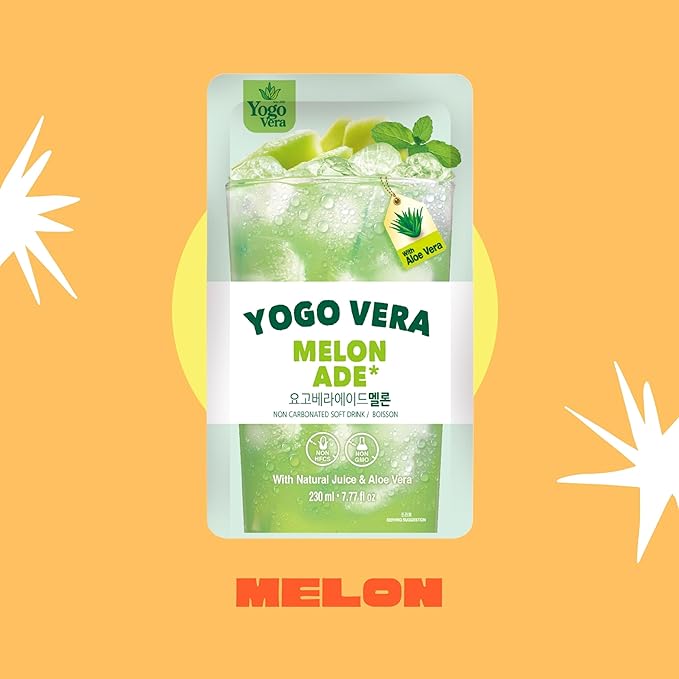 Yogo Vera Melon Ade Korean Drink Pouches – Authentic Korean Convenience Store Beverage with Sweet Melon Flavor, Refreshing Juice Pouch (10 Pack)