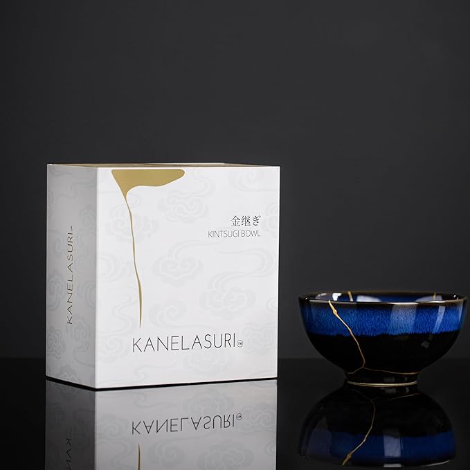 Authentic Kintsugi Bowl with Genuine 24K Gold, Handcrafted Japanese Wabi Sabi Zen Decor, Deep Blue Ceramic, Healing and Resilience Gift