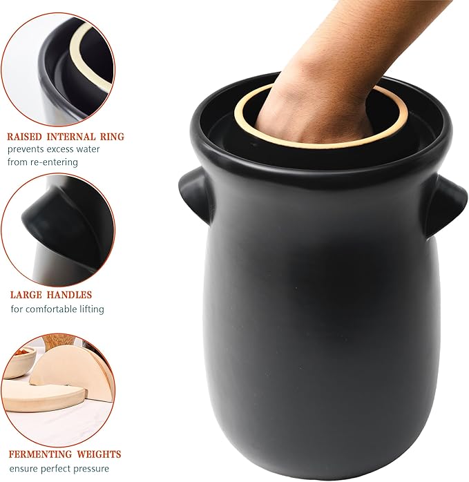 Fermentation Crock 3.8Liter/1 Gallon Stoneware Pot for Fermenting, Pickling Kimchi, Pickles, Vegetables, Kombucha - Glazed Fermenter with Stone Weights, Lid & Pickle Tamper-Black Crock