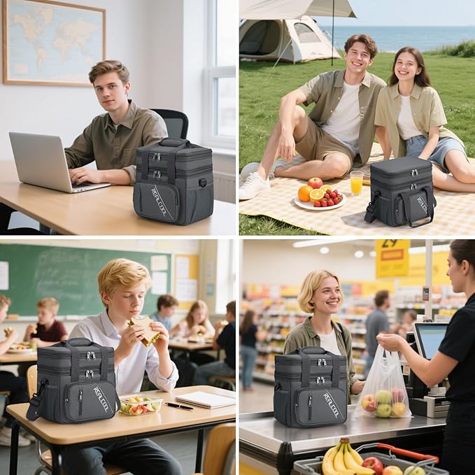 RealCool Lunch Bag, Insulated Lunch Box for Men Women, Double Deck Leakproof Soft Cooler Bag with Adjustable Strap, Reusable Lunchbox for Work, Travel, Camping (Grey)